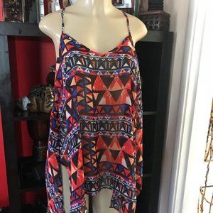 Flowing Colorful Sheer Tribal Print Top Size L